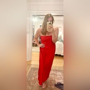 J Crew red satin strapless floor length dress